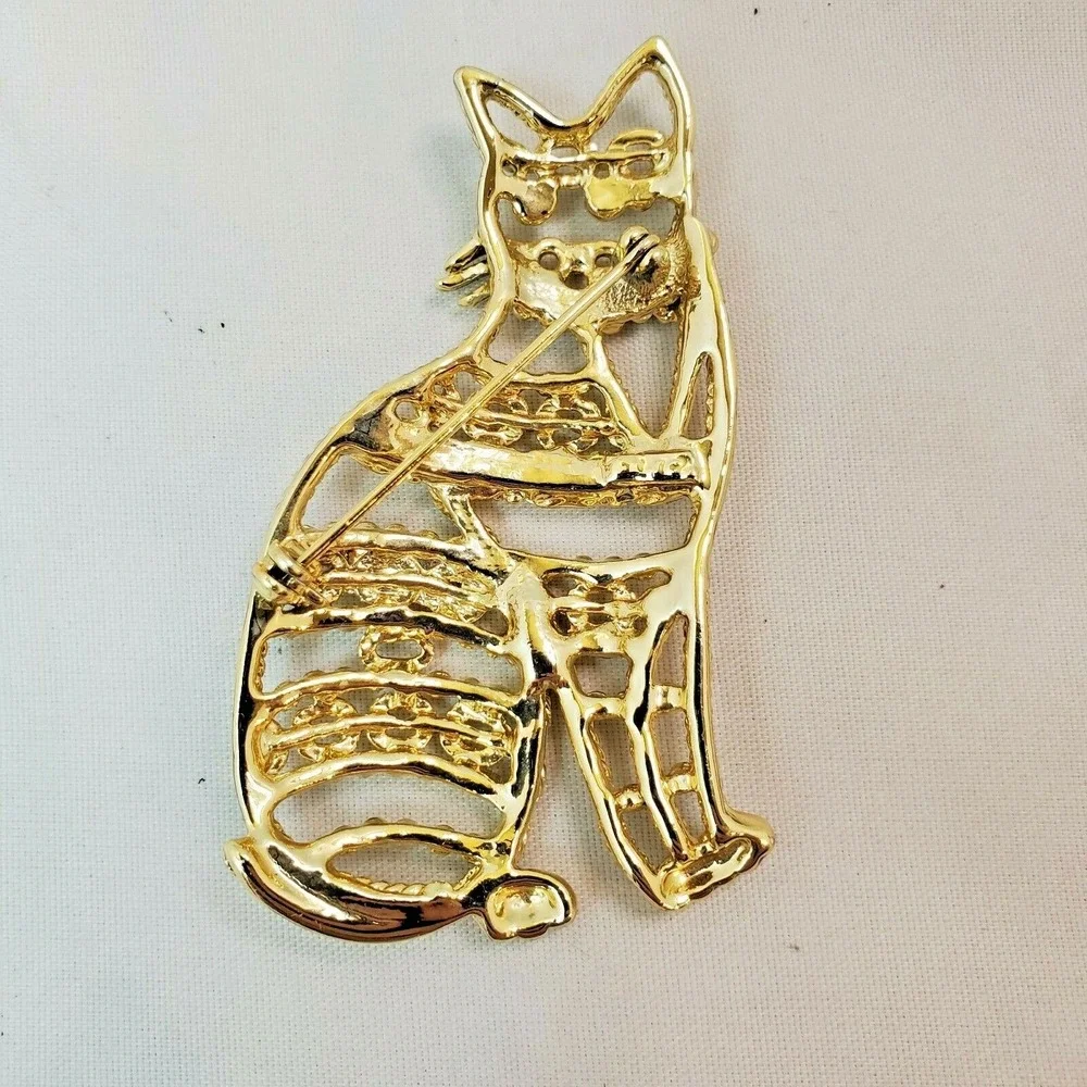 Gold Tone Openwork Weave Rope & Chain Sitting Cat Kitten Pin Brooch